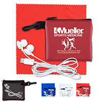 Mobile Tech Earbud Kit in Mesh Zipper Pouch Components inserted into Zipper Pouch